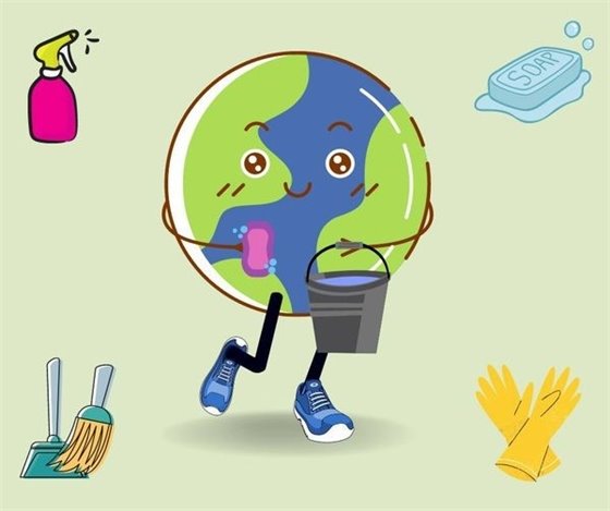 Cartoon drawing of Earth with dustpan, spray bottle, soap, cleaning gloves