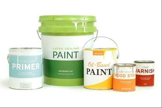 Photo of paint, primer, wood stain, and varnish cans.