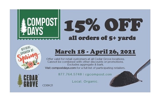 Coupon for 15% off bulk purchase of compost.